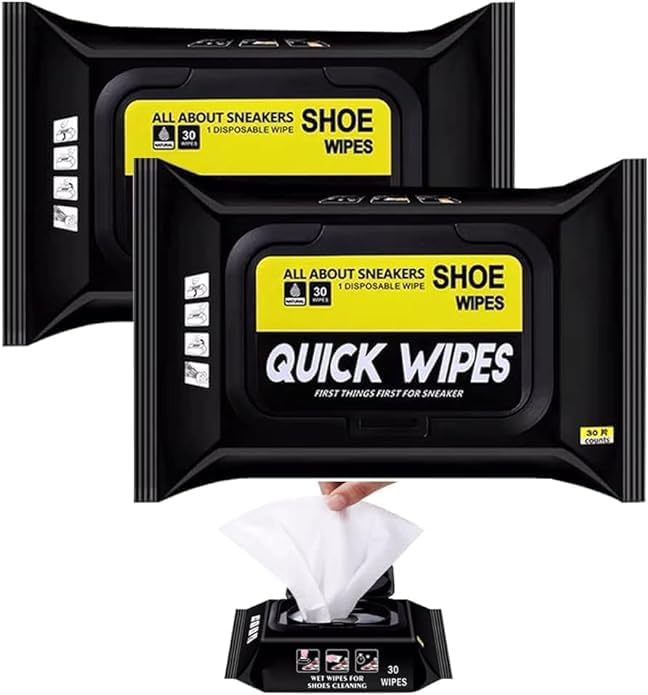 Two packages of 'All About Sneakers' shoe wipes with a hand pulling out a wipe.